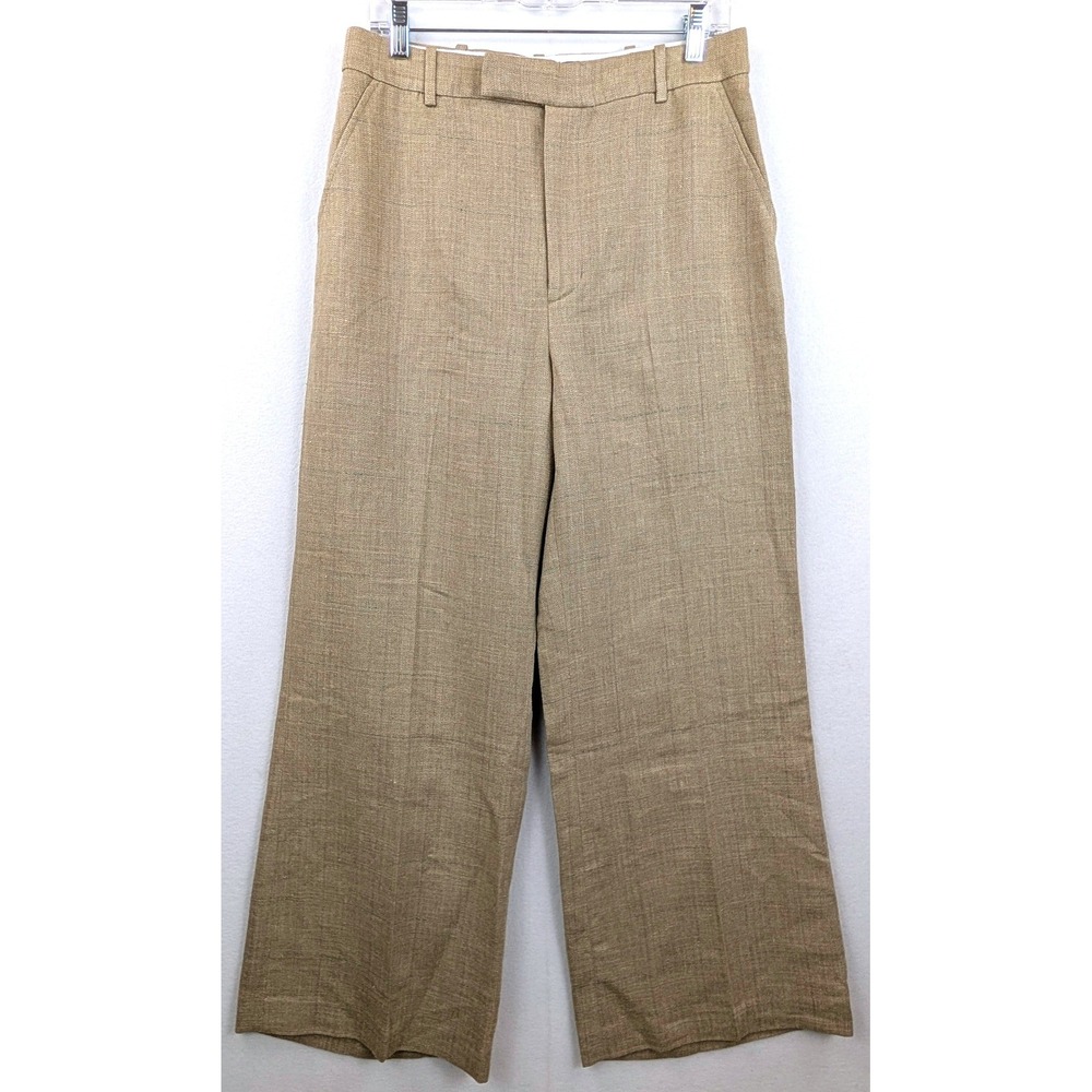 Polo Ralph Lauren Womens 8 Tan Herringbone Wool Linen Silk Wide Leg Dress Pants
